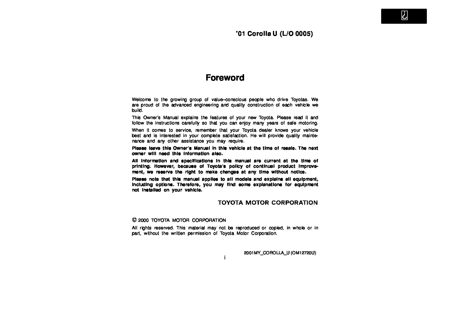 2001 toyota corolla owners manual